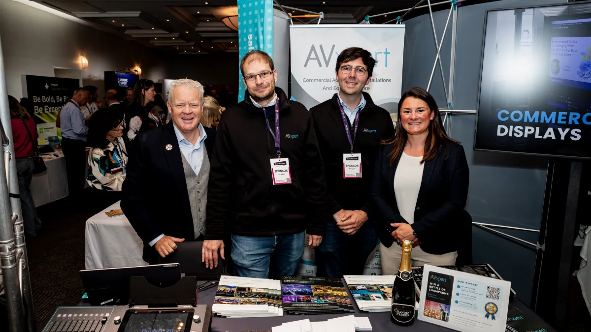 AV Xpert team members with Cambridgeshire Chamber leaders at the Cambs B2B North exhibition stand