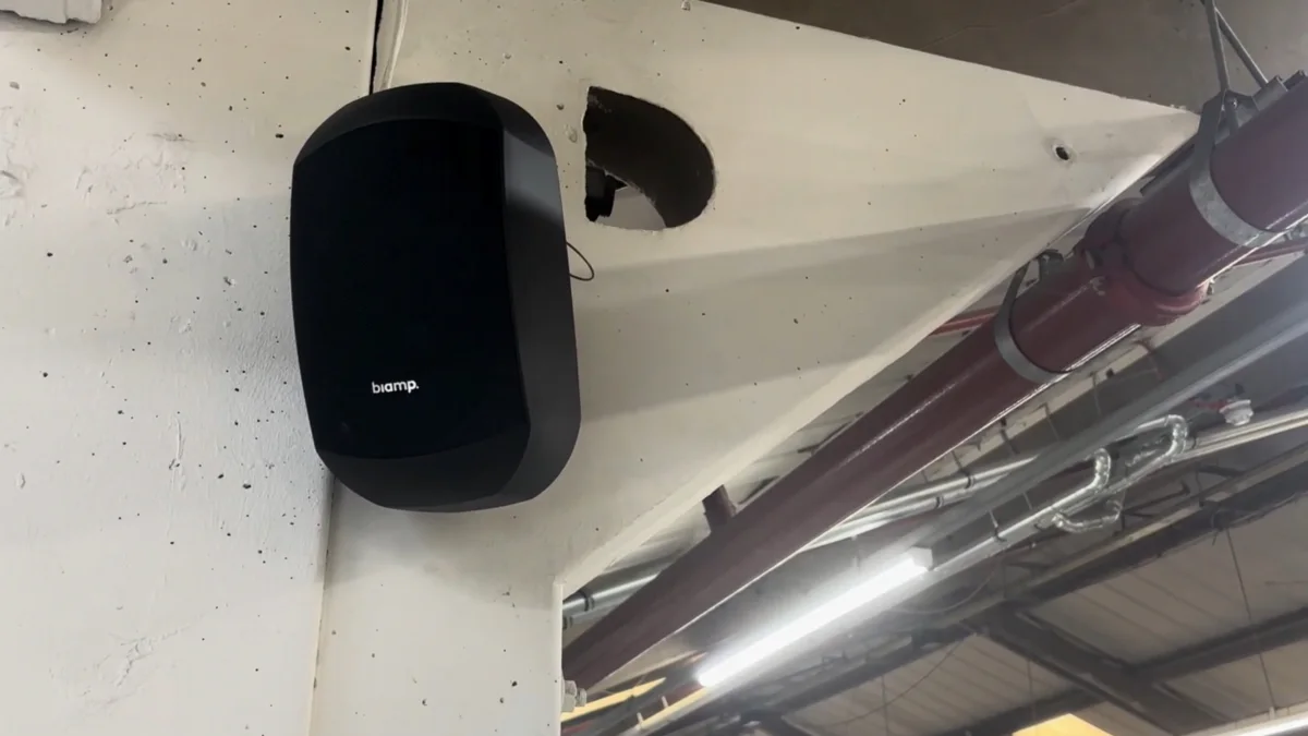 A PA speaker installed by AV Xpert in an industrial building
