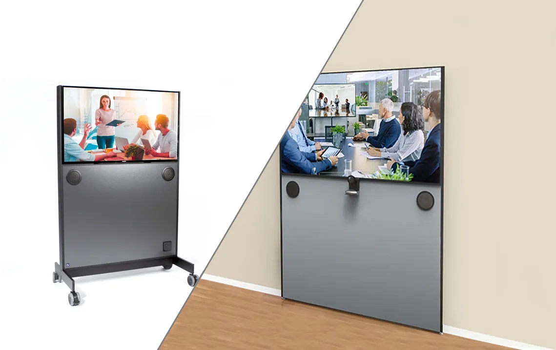 A portable video conferencing unit alongside a wall-mounted unit