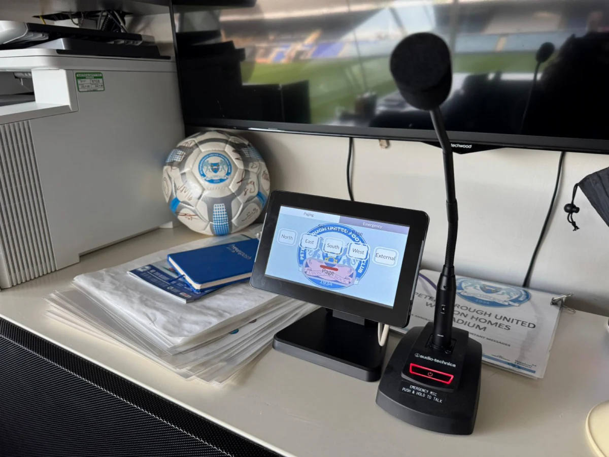 An Allen & Heath touch panel and paging microphone at Peterborough United