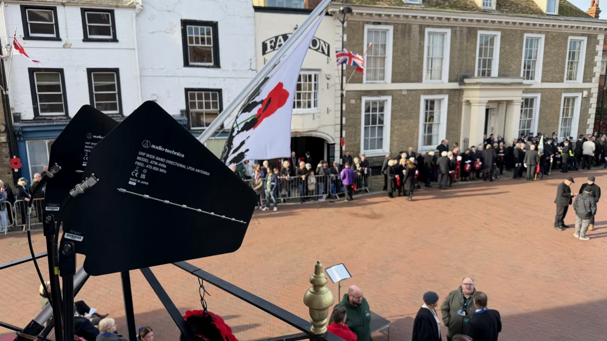 PA from AV Xpert overlooking a civic remembrance parade in a market square