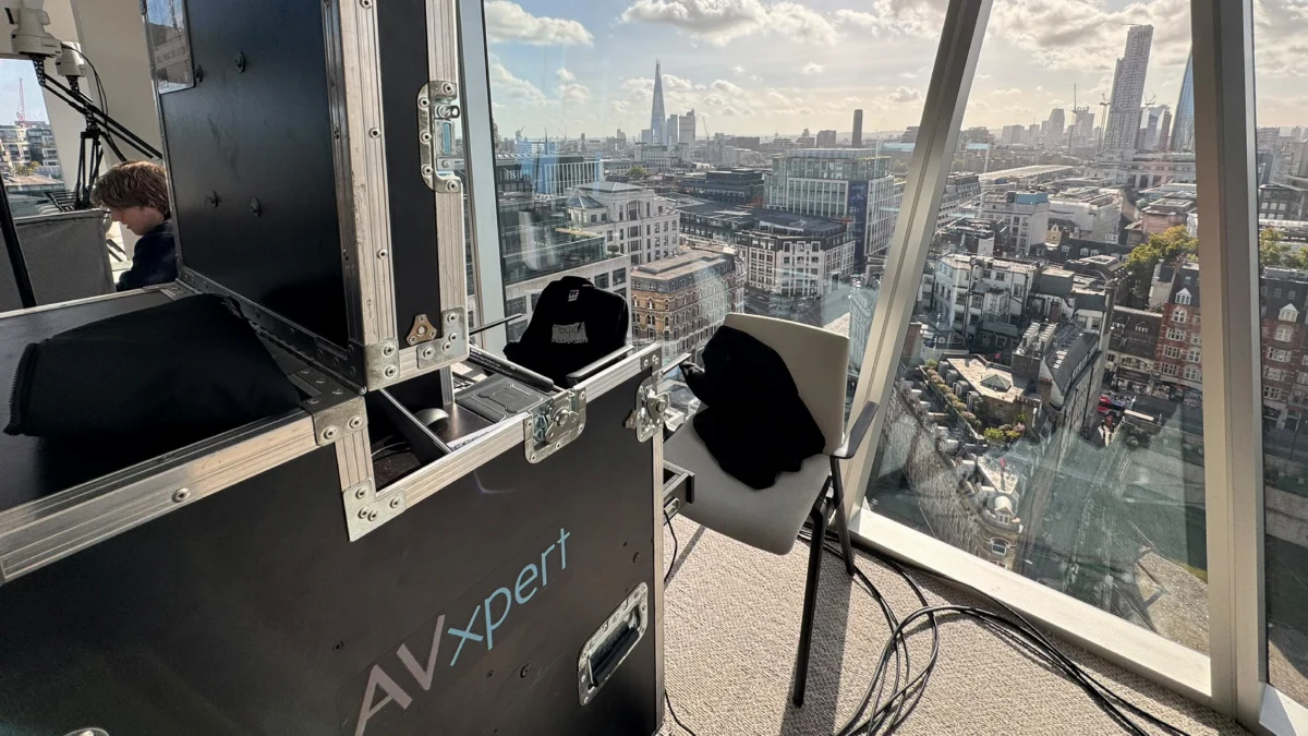 An AV Xpert tech station at a London event, with the Shard on the skyline