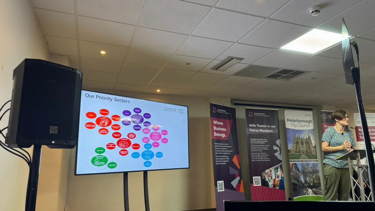 A speaker and screen hired from AV Xpert, set up for a business event in Peterborough