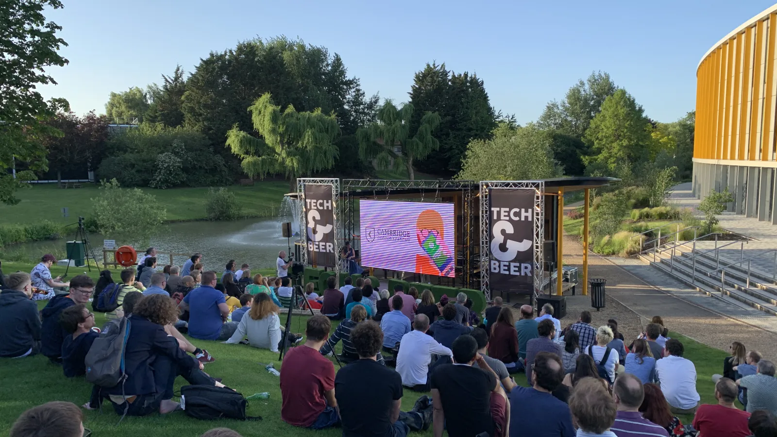 The truss stage, LED video wall and PA that AV Xpert set up for Tech and Beer at Cambridge Science Park