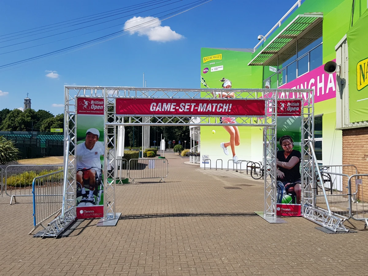 A branded truss archway at the British Open Wheelchair Tennis Championships